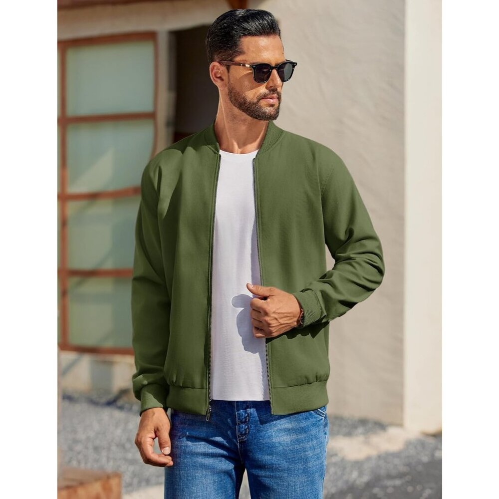 Men's Casual Cotton Bomber Jacket Army Green Lightweight Flight Softshell - Picture 2 of 5